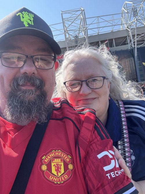 Woody and wife Gillie outside Old Trafford